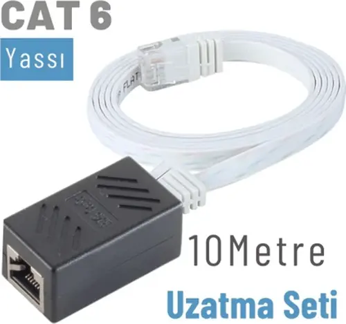 10 Metre CAT6 Kablo Uzatma Seti, Yassı Ethernet Kablo ve Ekleyici