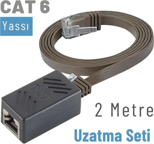 2 Metre CAT6 Kablo Uzatma Seti, Yassı Ethernet Kablo ve Ekleyici