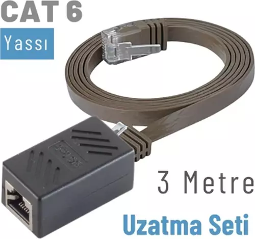 3 Metre CAT6 Kablo Uzatma Seti, Yassı Ethernet Kablo ve Ekleyici