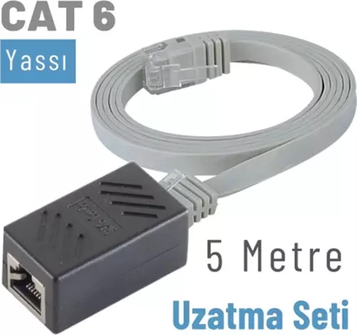 5 Metre CAT6 Kablo Uzatma Seti, Yassı Ethernet Kablo ve Ekleyici