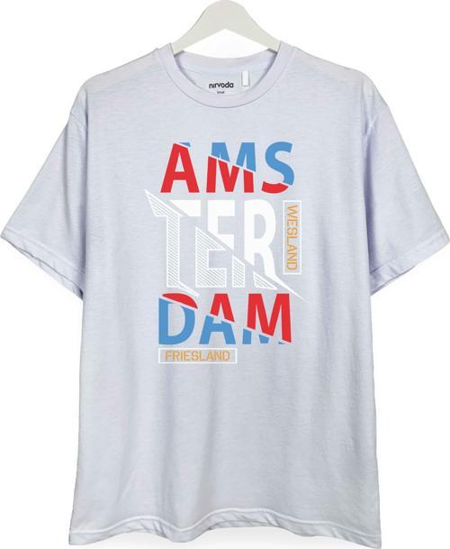 Amsterdam Yazılı Baskılı Loose Fit Bisiklet Yaka Unisex Tişört