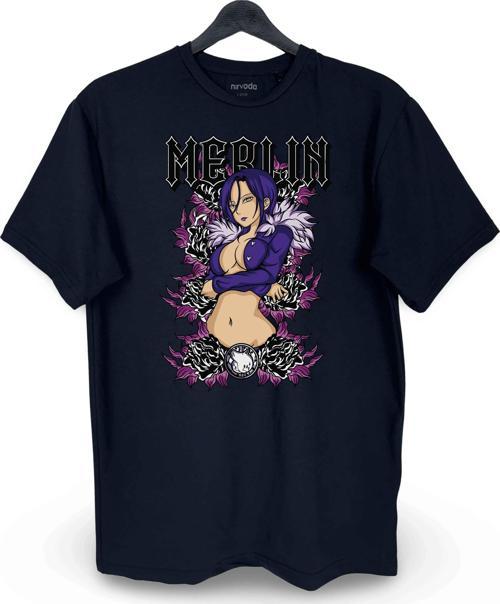 Merlin Nanatsu no Taizai Baskılı Loose Fit Bisiklet Yaka Unisex Tişört Anime Manga