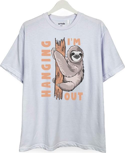 Tembel Hayvan Baskılı Loose Fit Bisiklet Yaka Unisex Tişört