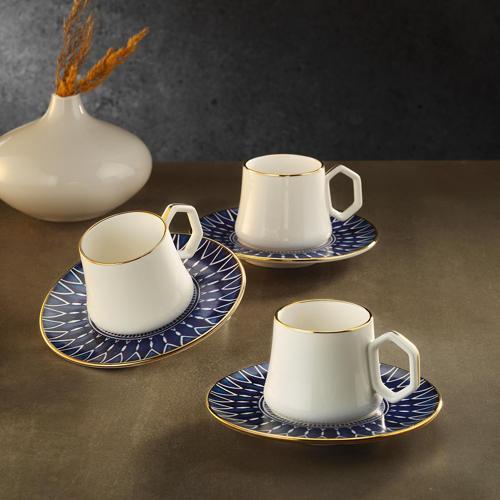1453 Deep Blue Geometrik Gold 12 Parça 6 Kişilik Kahve Fincan Takımı 90 ml