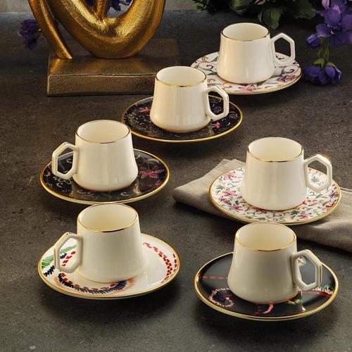 1453 Desen Yağmuru Geometrik Gold 12 Parça 6 Kişilik Parça Kahve Fincan Takımı 90 ml