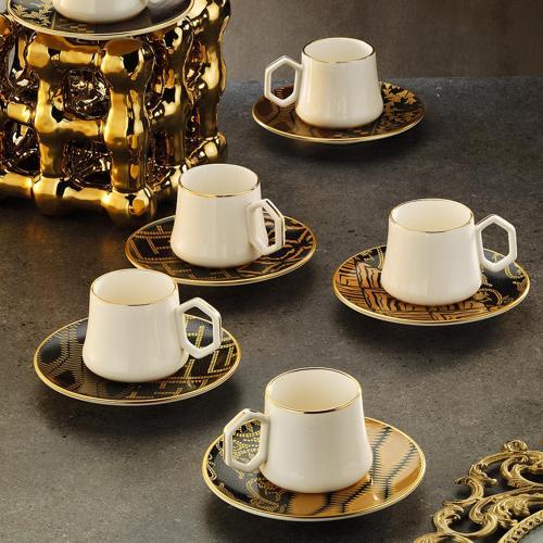 1453 Kariye Double Geometrik Gold 12 Parça 6 Kişilik Kahve Fincan Takımı 120 ml