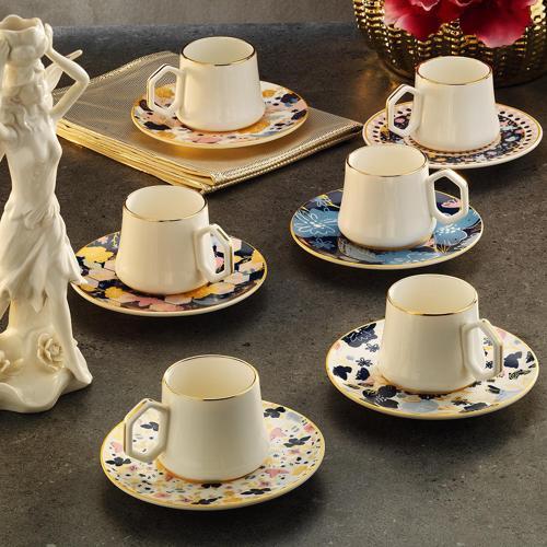 1453 Potpuri Double Geometrik Gold 12 Parça 6 Kişilik Kahve Fincan Takımı 120 ml