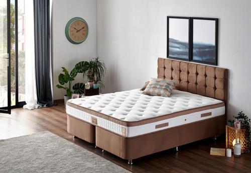Latte 180x200 cm Çift Kişilik Yatak Baza Başlık Seti - Sert Yatak, Kumaş Baza ve Başlık Takımı