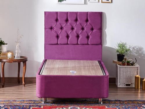 Purple Baza ve Başlık Seti 100x200 cm Tek Kişilik Sandıklı Mor Kumaş Baza ve Başlığı