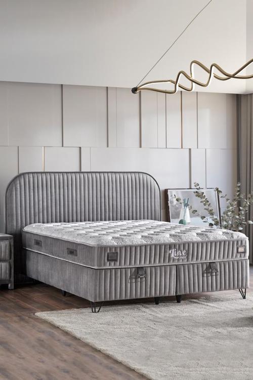 Line Visco Lüks Yatak Baza ve Başlık Seti 160x200 cm Çift Kişilik Yatak Baza Başlık Takımı Koyu Gri