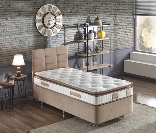 Queen 100x200 cm Tek Kişilik Pedli Yatak Seti - Sütlü Kahve Kumaş Baza, Başlık ve Yatak Takımı
