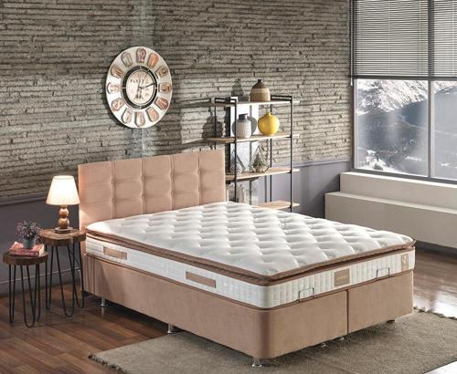 Queen Çift Kişilik Pedli Yatak Seti Sütlü Kahve Kumaş Baza, Başlık ve Yatak Takımı