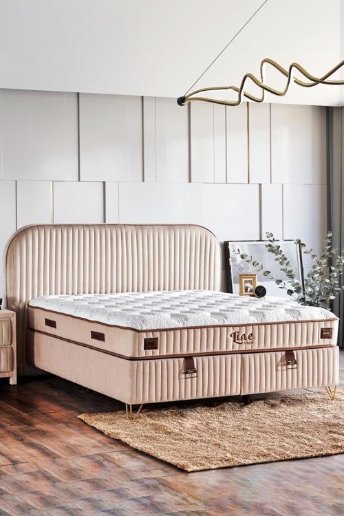 Line Visco Lüks Yatak Baza ve Başlık Seti 90x190 cm Tek Kişilik Yatak, Baza ve Başlık Takımı Krem