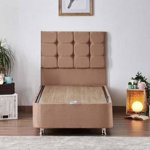 Rama Baza ve Başlık Seti - 80x180 cm Tek Kişilik Sütlü Kahve Kumaş Baza ve Başlığı Soho Kumaş