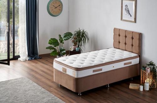 Latte 100x200 cm Tek Kişilik Yatak Baza Başlık Seti - Sert Yatak, Kumaş Baza ve Başlık Takımı