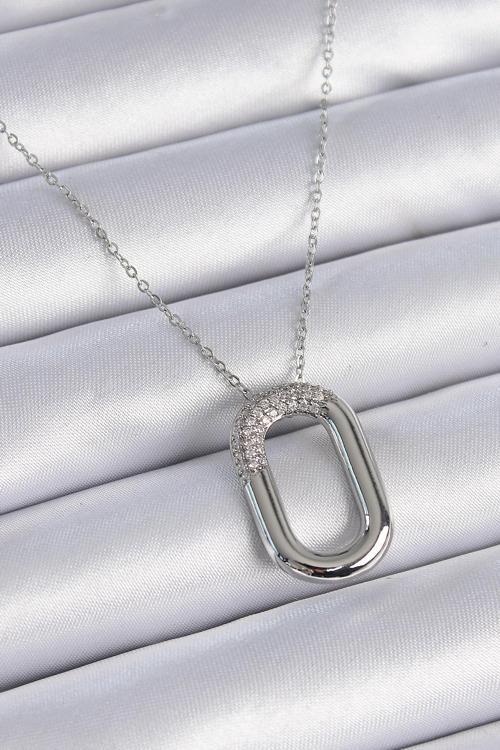 Zincir Gümüş Renk Zirkon Taşlı Oval Halka Model Kadın Kolye - EBJ241026W28663