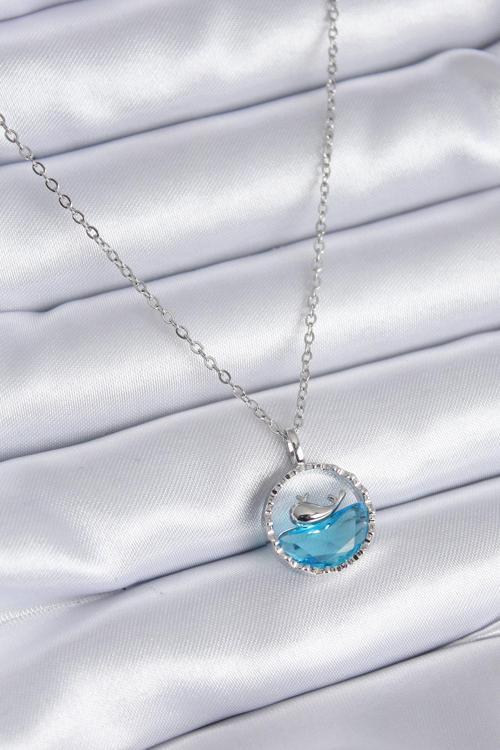 Gümüş Renk Mavi Kristal Taşlı Balina Model Kadın Kolye - EBJ241026W28659