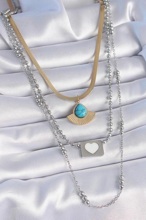 Mix Renk 3'lü Zincir Damla Madalyon Figür Uzun Kadın Kolye - EBJ241026W28785