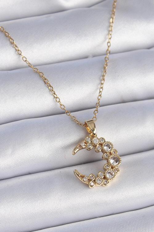 Zincir Gold Renk Zirkon Taşlı Hilal Model Kadın Kolye - EBJ241026W28737