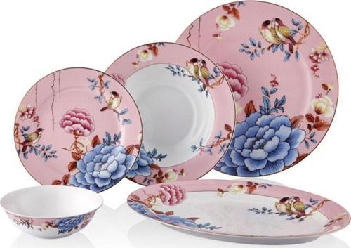 Floral Pink Porselen 27 Parça 6 Kişilik Yemek Takımı Kayık Tabaklı