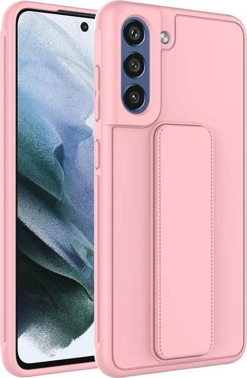 Samsung Galaxy S21 FE Kapak Standlı El Tutacaklı Silikon Kılıf - Pembe