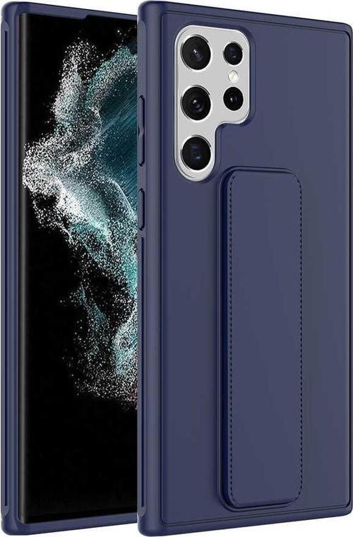Samsung Galaxy S22 Ultra Kapak Standlı El Tutacaklı Silikon Kılıf - Lacivert
