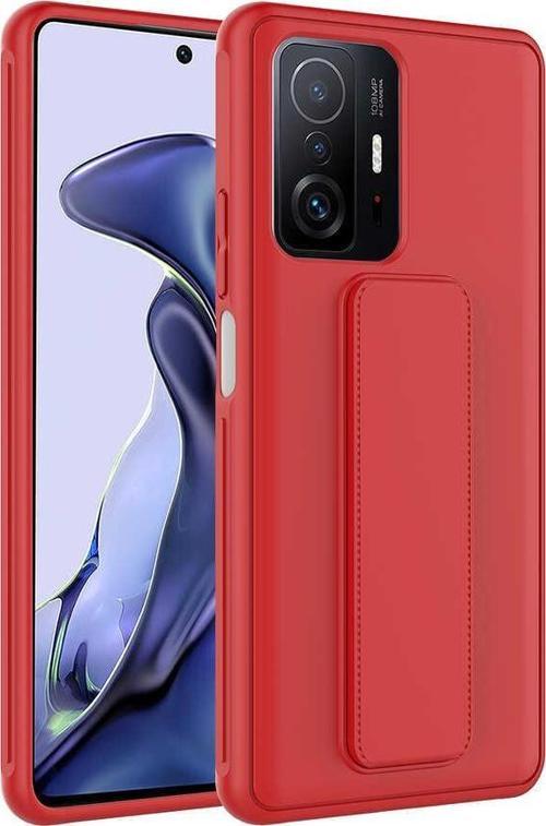 Xiaomi Mi 11T 5G Kapak Standlı El Tutacaklı Silikon Kılıf - Kırmızı