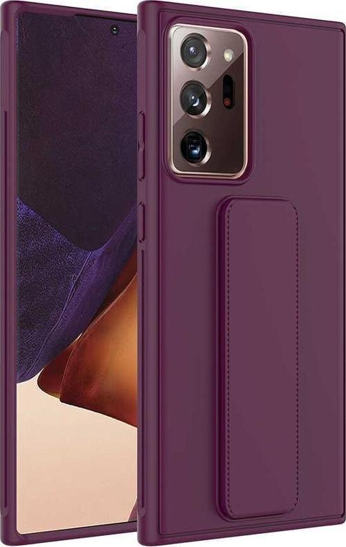 Samsung Galaxy Note 20 Ultra Kapak Standlı El Tutacaklı Silikon Kılıf - Mürdüm