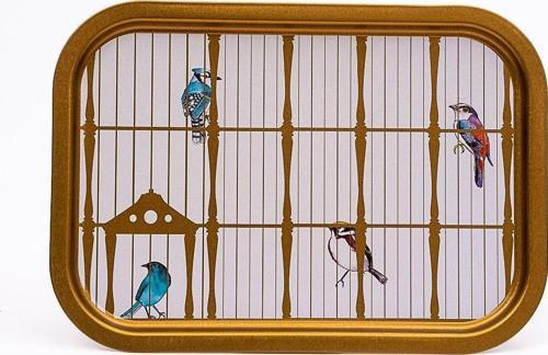 Bird Cage Desenli Metal Tepsi - Çay Kahve Tepsisi - Sunum Tepsisi 28 Cm X 40 Cm Ee164-T7