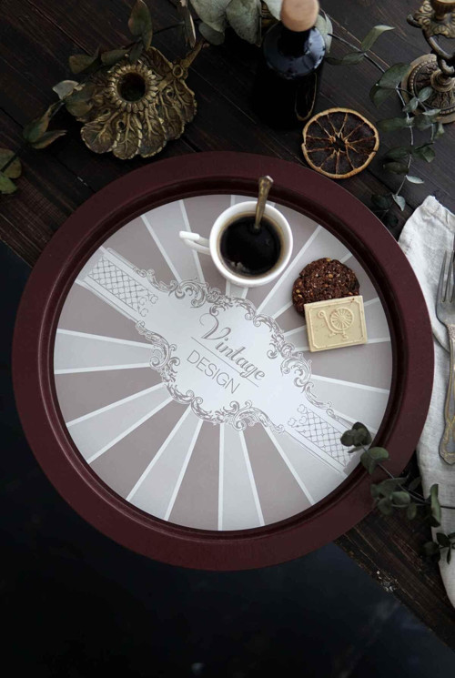 Elegance Desenli Yuvarlak Metal Tepsi - Çay Kahve Tepsisi - Sunum Tepsisi 37 Cm Ee163-8B