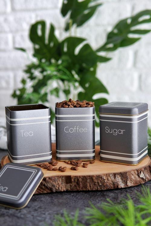 Metal Çay, Kahve, Şeker Saklama Kutusu 3 Lü Set 7.5 X 7.5 X 10.2 Cm, Silver Erb248Z