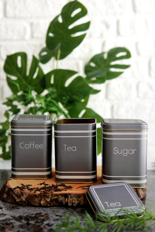 Metal Çay, Kahve, Şeker Saklama Kutusu 3 Lü Set 8.7 X 8.7 X 12.5 Cm, Silver Erb258Z