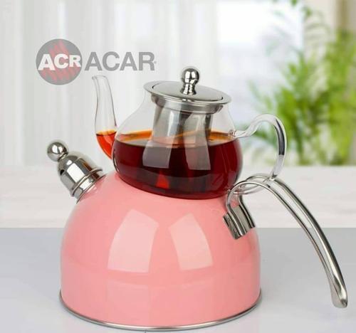 Düdüklü Çaydanlık Cam Demlik Set Pembe