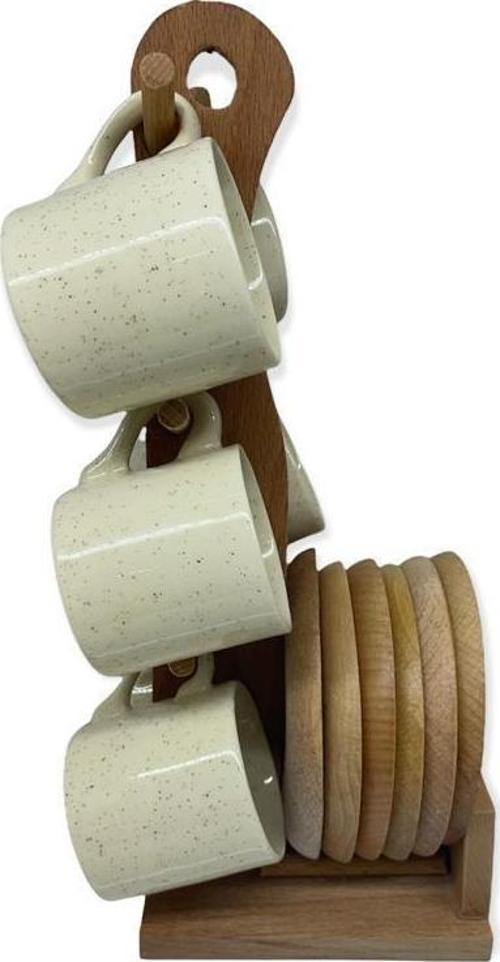 Bambu Altlıklı Askılı Kahve Fincan Takımı Krem