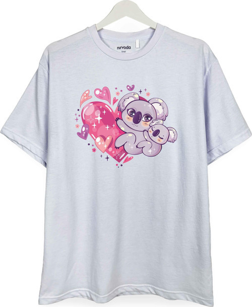 Kalp Koala Baskılı Loose Fit Bisiklet Yaka Unisex Tişört