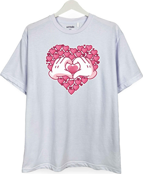 Pembe Kalpler Baskılı Loose Fit Bisiklet Yaka Unisex Tişört