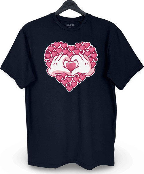 Pembe Kalpler Baskılı Loose Fit Bisiklet Yaka Unisex Tişört