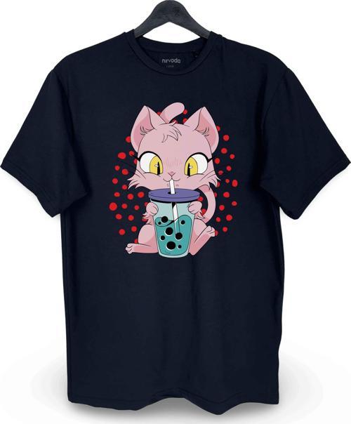 Anime Kedi Baskılı Loose Fit Bisiklet Yaka Unisex Tişört