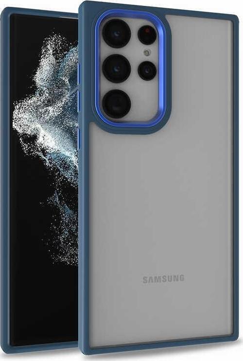Samsung Galaxy S22 Ultra Kapak Metal Kamera Korumalı Arkası Şeffaf Silikon Kılıf - Mavi