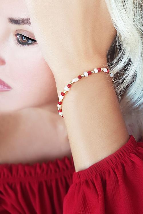 Kadın İnci Mercan Ve Hematit Taşlı Gümüş Bileklik   T008