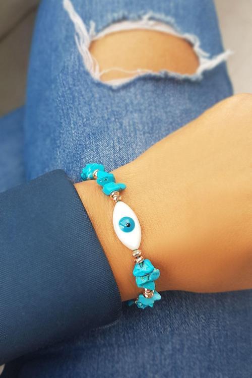 Kadın Mavi Firuze Ve Hematit Taşlı Sedef Bileklik