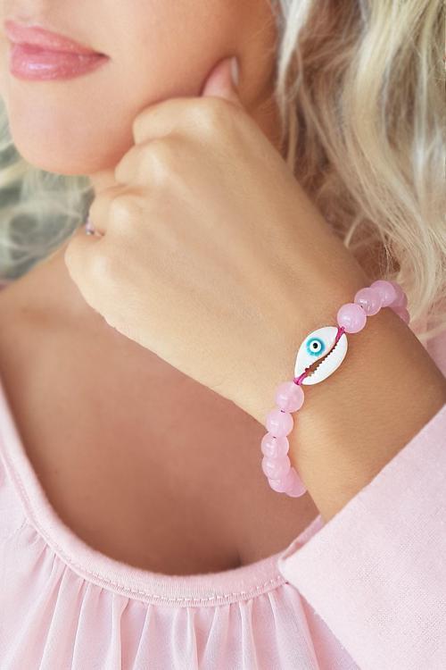 Kadın Pembe Kuvars Taşlı Gümüş Nazarlı Bileklik  T001