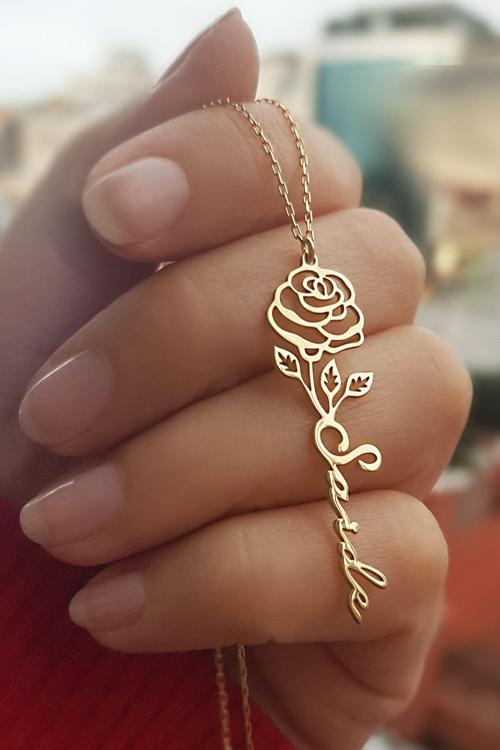 925 Ayar Gümüş Isimli Gül Kolye