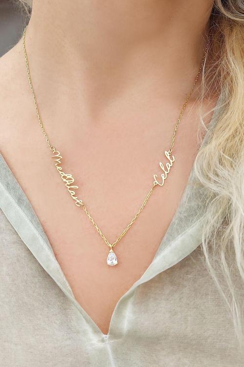 925 Ayar Gümüş Iki Isimli Damla Taşlı Kolye