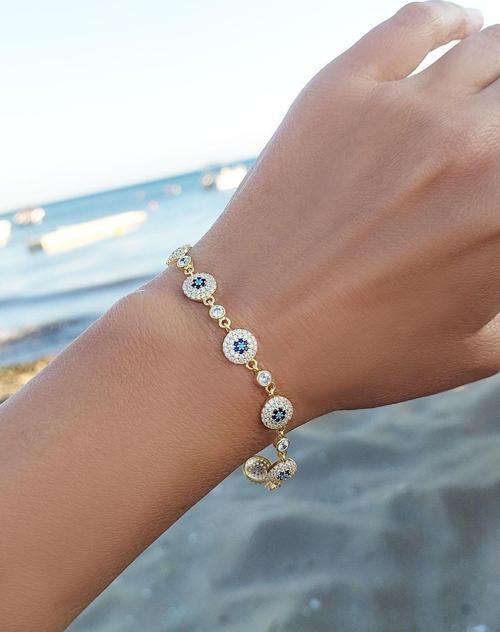 925 Ayar Gümüş Gold Çoklu Nazar Bileklik