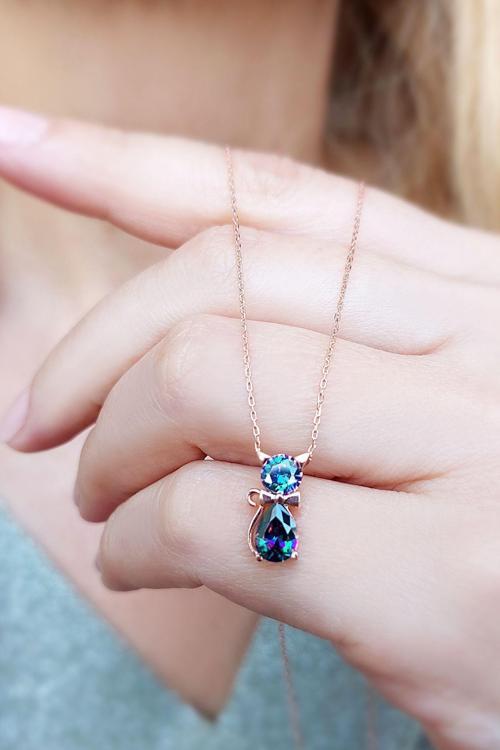 925 Ayar Gümüş Mistik Taşlı Kedi Kolye