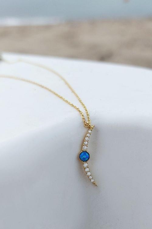 925 Ayar Gümüş Opal Taşlı Gold Ay Kolye