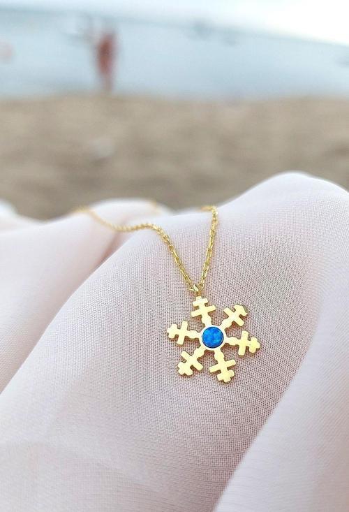 925 Ayar Gümüş Opal Taşlı Gold Kar Tanesi Kolye