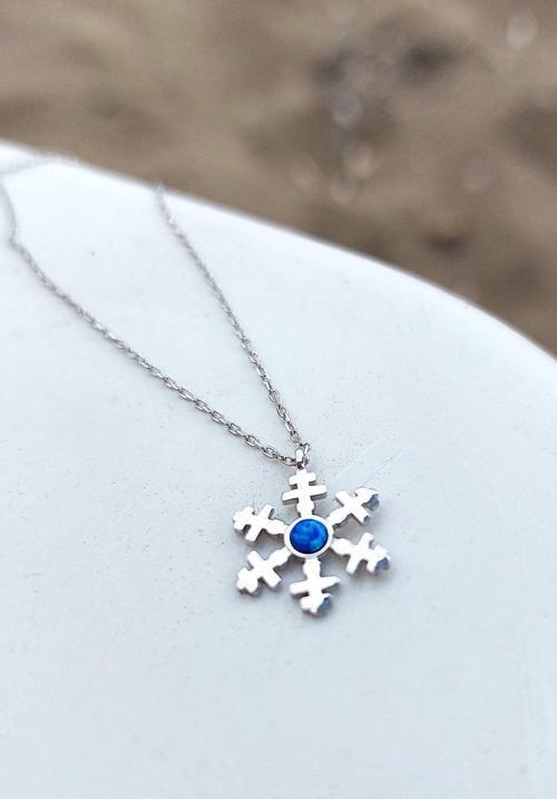 925 Ayar Gümüş Opal Taşlı Gold Kar Tanesi Kolye