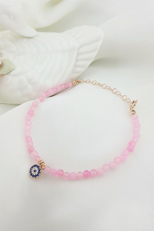 925 Ayar Gümüş Pembe Kuvars Taşlı Nazar Bileklik